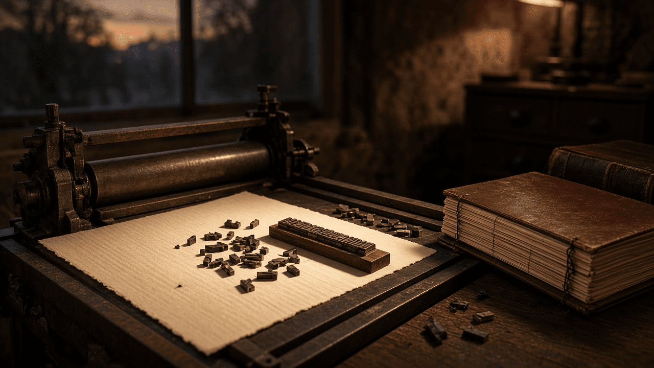 A letterpress bed with movable type, a composing stick and a bound folio.